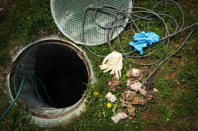 a manhole with gloves and gloves on it